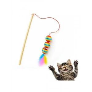 Gökkuşağı Renkli Tüylü Olta Kedi Oyuncağı - 40 cm