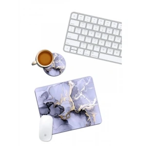 Gri Mermer Desenli Mouse Pad ve Bardak Altlığı Seti
