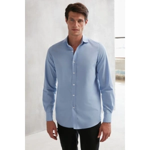 Grimelange Carlsten Erkek Slim Fit Italyan Yaka %100 Pamuk Poplin Mavi Gömlek