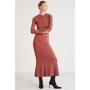 Grimelange Catelıne Kadın Slim Fit Beli Lastikli Midi Boy Kiremit Rengi Etek