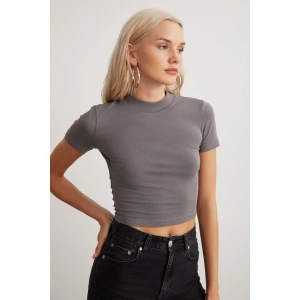 Grimelange Nıara Kadın Pamuk Elastan Bisiklet Yaka Kısa Kollu Slim Fit Crop Gri Büstiyer