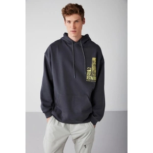 Grimelange Process Erkek Içi Polarlı Poster Baskılı Kapüşonlu Kordonlu Antrasit Sweatshirt