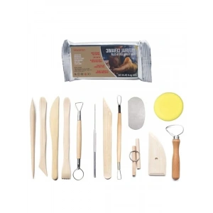 Hava ile Kuruyan Doğal Seramik Kil + Ebeşuar (Şekillendirme) Seti | Pişmeyen Heykel Hobi Çömlek 13 Parçalı Seramik Aleti Seti Çocuk Yetişkin El Sanatı Model yapımı 250 gr natural TerraCotta kil ile