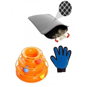 Kedi Oyuncağı ve Tüy Toplama Eldiveni Seti + Elekli Kedi Tuvalet Paspası