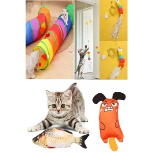 Kedi ve köpek oyuncak seti, tünel ve peluş balık içerir