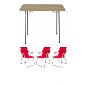 Kırmızı 60x80 Çam Katlanır Masa ve 3 Adet Sandalye Kamp Seti