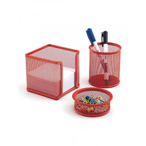 Kırmızı Metal Perfore 3’lü Set - Kalemlik, Ataşlık ve Notluk