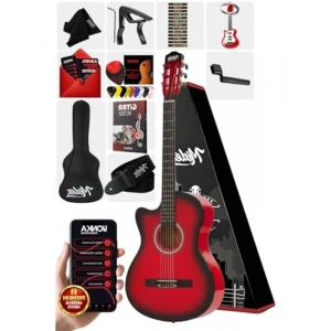 Kırmızı Renk Kesik Klasik Gitar, 4/4 Boyut, Tam Set ile Birlikte
