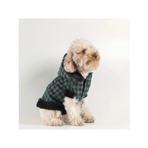 Kışlık Yeşil Ekose Kapüşonlu Köpek Montu (Kalın Kumaş)