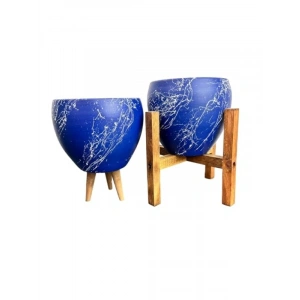 Lacivert Beyaz Mermer Efektli İkili Saksı Seti - 15 cm