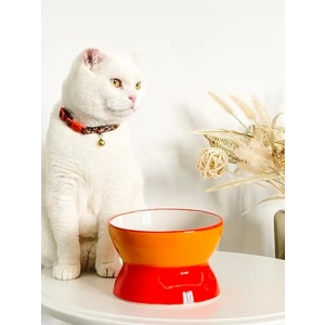 Luna Model Seramik Kedi ve Köpek Mama Su Kabı, Şık Turuncu-Sarı Renk