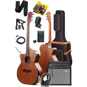 Masif Ağaç Elektro Akustik Gitar Seti 50W Amfi ile