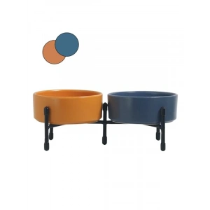 Mavi-Sarı Metal Ayaklı Seramik Mama ve Su Kapları, Çift Taraflı