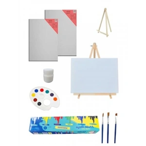 Mini Masa Şövalesi ile Akrilik Boya Seti ve Tuval Takımı