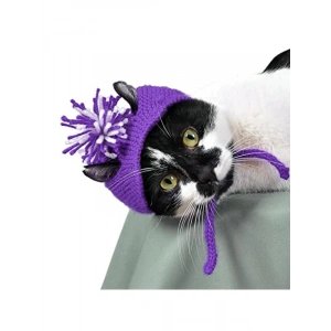 Mor Renkli Kapüşonlu Örme Kedi Şapkası