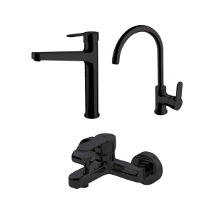 Newarc Domino Siyah Banyo Evye Çanak Lavabo Bataryası Set 971511B-971001B