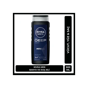 NIVEA MEN Deep Dimension Erkek Duş Jeli 500ml; 3ü1 Arada Vücut; Saç ve Yüz için Pratik Kullanım