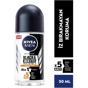 NIVEA Men Erkek Roll On Deodorant Black&White Invisible Güçlü Etki 50ml; Ter ve Ter Kokusuna Karşı 48 Saat Anti-perspirant ; İz Bırakmayan Formül