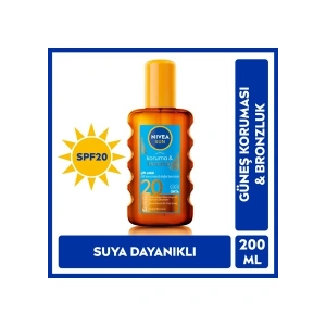 NIVEA Sun SPF20 Koruma & Bronzluk Güneş Yağı 200 ml Sprey,Anında UVA/UVB Koruması