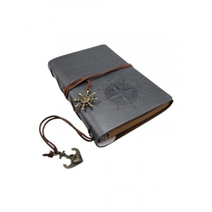 Özel Tasarım Gri Deri Günlük Defter, Vintage Pusula