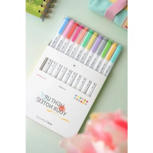 Pastel Renk 12 Renk Çift Uçlu Fosforlu Kalem Seti, Highlighter ve Fineliner