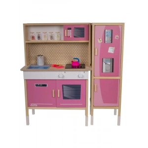Pembe Ahşap Mutfak Seti, LED Ocağı ve Çalışan Musluk ile