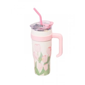 Pembe Lale Desenli Paslanmaz Çelik Termos - 1200ml