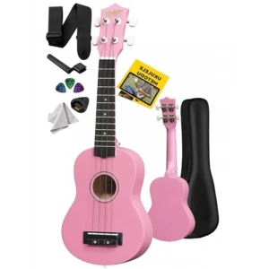 Pembe Renkli Soprano Ukulele, Askı ve Çanta ile Birlikte