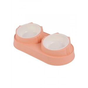 Pembe Silikon Yüzeyli Çift Hazneli Kedi Mama Kabı