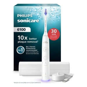 Philips Sonicare 6100 Şarjlı Diş Fırçası, 21 Gün Şarj, 10 Kat Plak Temizliği, Işıklı Basınç Sensörü, Ektra Nazik, 6 Mod, Seyahat Kabı, Beyaz, HX7400/06
