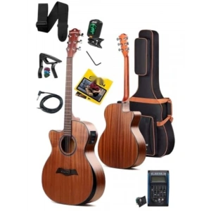 Profesyonel Masif Ağaç Elektro Akustik Gitar Seti - 4/4 Yetişkin Boyutu