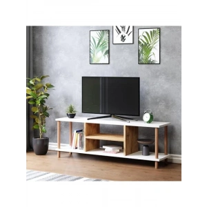 Raflı Ahşap Ayaklı Beyaz TV Sehpası
