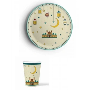 Ramazan Temalı 8li Karton Bardak ve Tabak Seti - Süslü İftar Sofrası