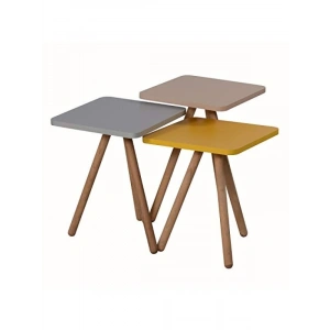 Renkli Üçlü Zigon Sehpa, Ahşap Ayaklı, Pastel Tasarım