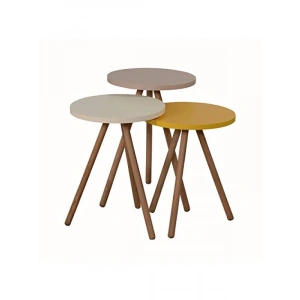 Renkli Üçlü Zigon Sehpa, Ahşap Ayaklı, Pastel Tasarım