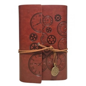 Retro Tasarımlı Deri Kapaklı Günlük Not Defteri - Baskılı Saat Kolye