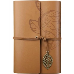 Retro Tasarımlı Yaprak Baskılı Deri Kapaklı Günlük Defter, Açık Kahverengi