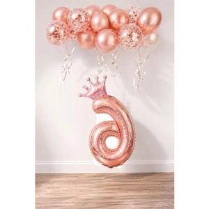 Rose Gold Renkli 6 Rakam Folyo Balon ve Konfetili Balon Seti