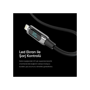 S-Link Armor Led Cl-030 30W 1 Metre Type-C To Lightning Pd Örgülü Led Başlıklı Siyah Hızlı Şarj Kablosu