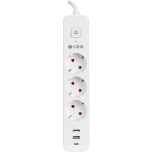 S-link SPG03TC 2 Usb +1Type C 5V2.4A 1.5m 3x1.00mm 100% Bakır 750 Joule 3 lü Anahtarlı Akım Korumalı Beyaz Priz