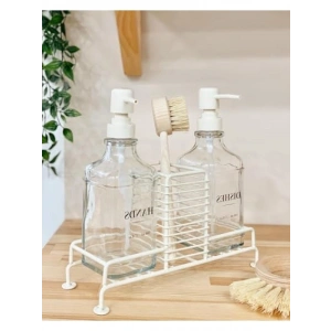 Sabun ve Deterjan Dispenser Seti - Demir Çiftli Pompa ve Sünger Standı - 500 ml Bej