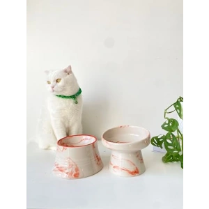 Seramik Kedi ve Köpek Mama Su Kabı, Turuncu Ebru Renkli 2li Set