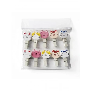 Sevimli Kedi Tasarımlı Ahşap Notluk Mandal Seti - 10 Adet