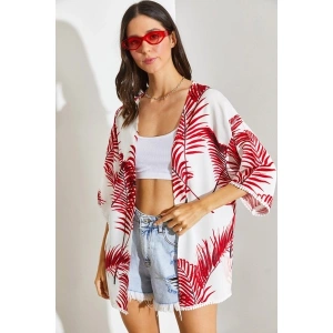 Shade Kadın Kolları Dantel Detaylı Desenli Viskon Kimono
