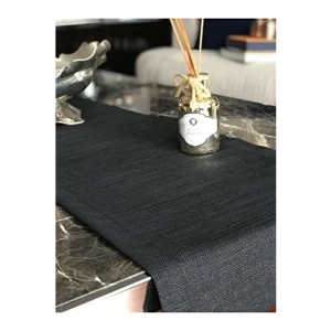 Simli Keten Runner, Siyah, 45x150 cm