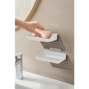 Siyah Beyaz 2li Set Yapışkanlı Katı Sabunluk ve Süngerlik, Banyo ve Mutfak İçin