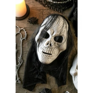 Siyah Beyaz Tüllü İskelet Maske - Halloween Temalı