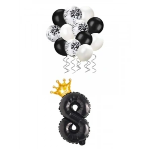 Siyah Folyo Balon Seti - 8 Rakam ve Kral Tacı