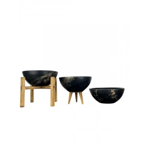 Siyah Gold Mermer Efektli Üçlü Toprak Saksı Seti - 20 cm Çap