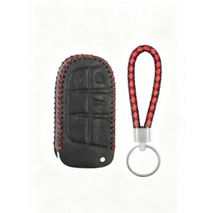 Siyah Kırmızı Örgülü Deri Anahtar Kılıfı - 3 Butonlu
